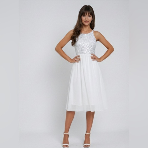 White French Contrast Sequin Chiffon Cami Dress - Picture 2 of 7